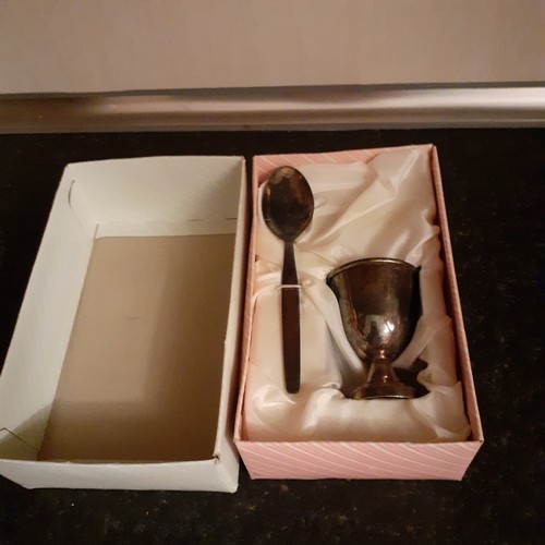 5 - Vintage metal egg cup and spoon in original box. Needs a clean.