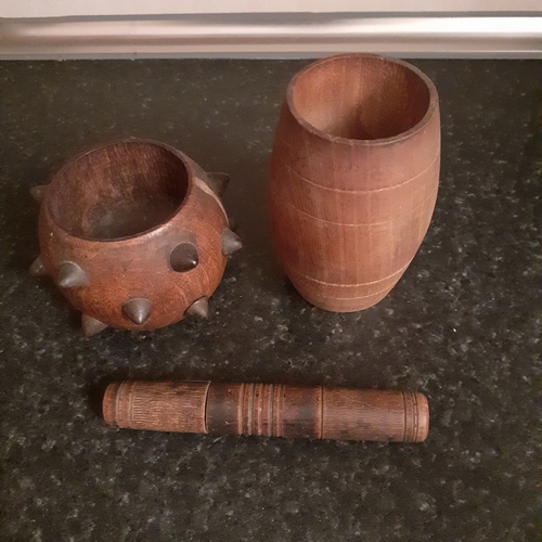 13 - Collection of wooden pieces. Cigar tube and 2 chalice/beaker type vessels.  Wooden picture.