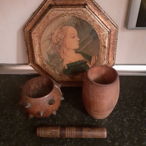 13 - Collection of wooden pieces. Cigar tube and 2 chalice/beaker type vessels.  Wooden picture.