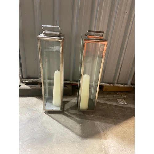 147 - Tall (80cm) glass & chrome pair of candle holders