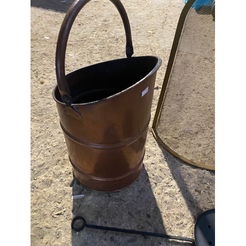 210 - Copper coal scuttle, fire tool & metal fire guard