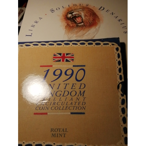 33A - 2 coin sets : 1990 Brilliant uncirculated set 1 pound to 1p (8 coins) + pounds shillings and pence s... 