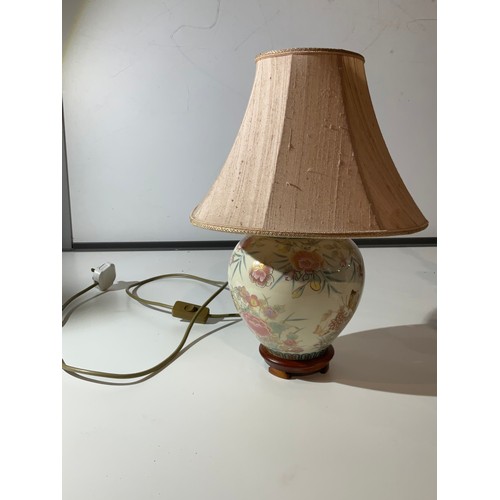 132 - Floral china table lamp with pink shade