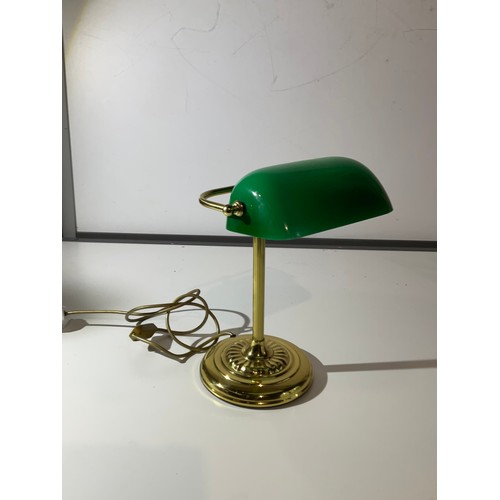 141 - brass effect bankers light with Green Glass shade