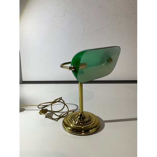 141 - brass effect bankers light with Green Glass shade