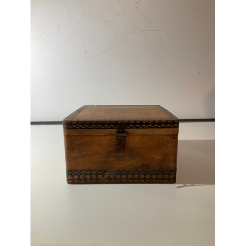 87 - Hand made wooden box with decorative metal edging