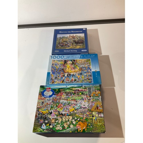 98 - Three boxed jigsaw puzzles meeting the neighbours,  love spring and At the Gym