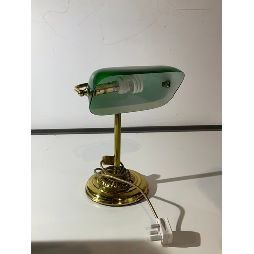 113 - brass effect bankers lamp with green glass shade