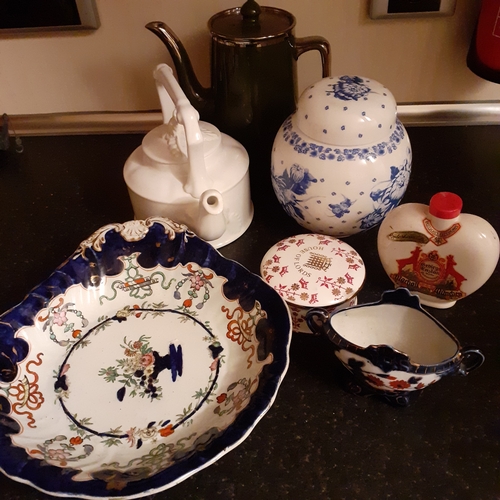 10 - Various china ware including masons serving plate, ginger jar, teapot and more.