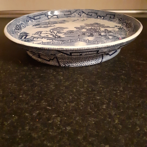 14 - Blue white footed fruit plate depicting pagoda pattern. Possibly early century