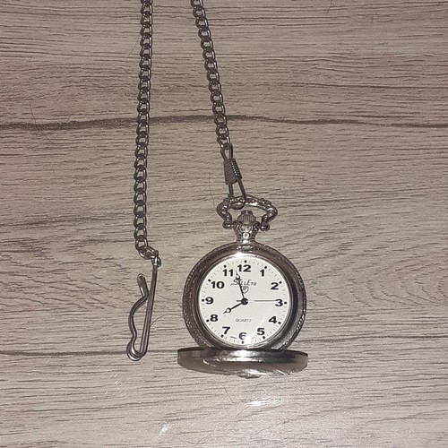 22 - Quartz silver colour metal pocket watch and chain