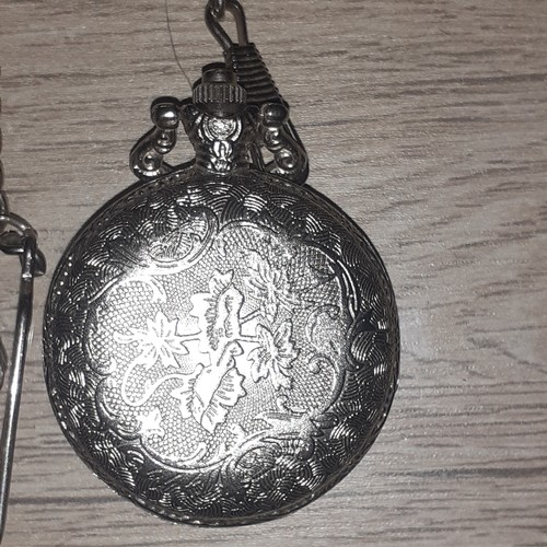 22 - Quartz silver colour metal pocket watch and chain