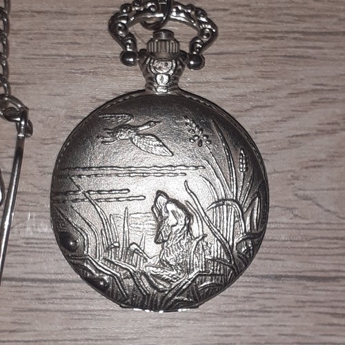 22 - Quartz silver colour metal pocket watch and chain