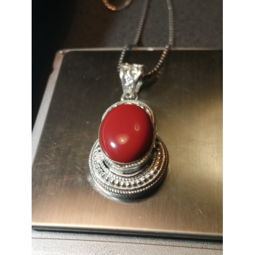 29A - Silver necklace with large red central gemstone on a very heavy 12 inch chain 16.21 grams