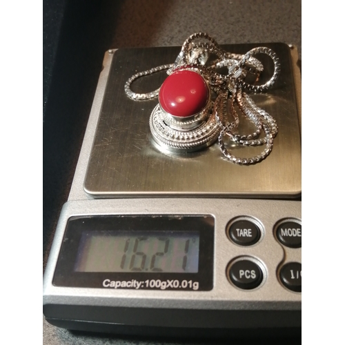 29A - Silver necklace with large red central gemstone on a very heavy 12 inch chain 16.21 grams