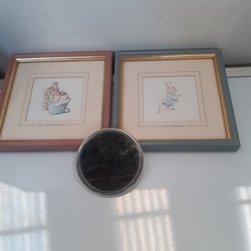 19 - Beatrix Potter items. 2 framed pictures and a small mirror