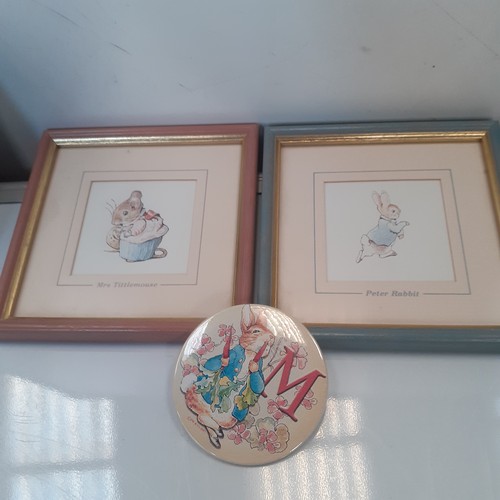 19 - Beatrix Potter items. 2 framed pictures and a small mirror