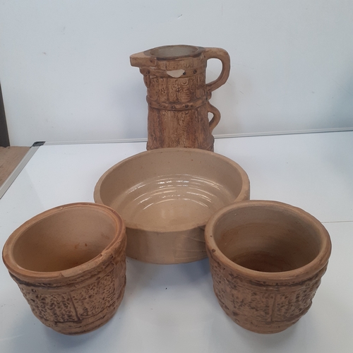 24 - Hillstonia pottery. Jug, 2 planters and a bowl. Jug has chip