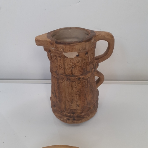 24 - Hillstonia pottery. Jug, 2 planters and a bowl. Jug has chip