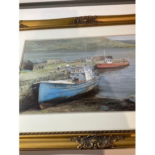 55 - Large 100x75cm gold gilted boats mooring scene