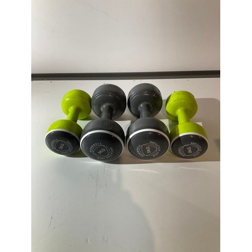 256 - Two sets of body sculpt dumbbells 3 and 5kg