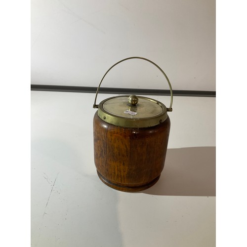 89 - Oak and brass ice bucket with porcelain liner