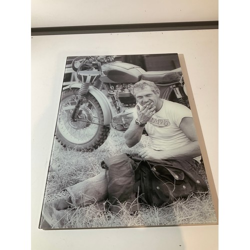 136A - large glass picture of Steve McQueen with his triumph motor cycle