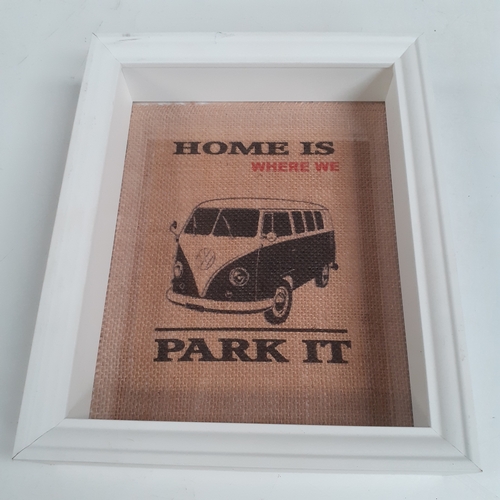 21 - Framed hessian print campervan. Home is where we park it.