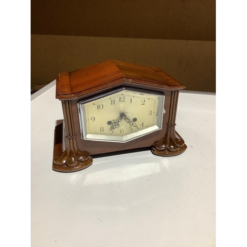 64 - Vintage mantle clock with brass movement by Smiths Enfield - with key & in nice condition