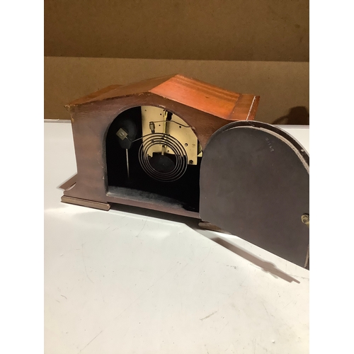 64 - Vintage mantle clock with brass movement by Smiths Enfield - with key & in nice condition