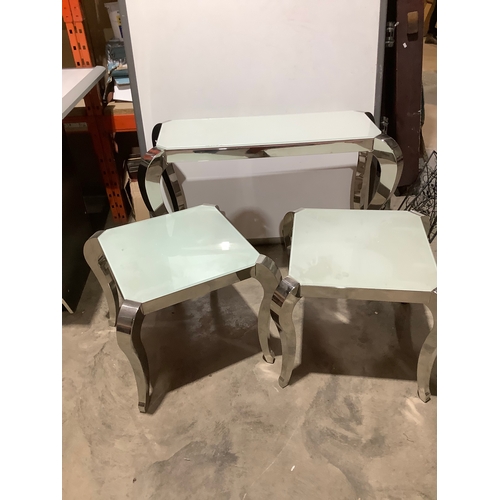 259 - Stylish set of 3 chrome & glass side tables - large one is 1m long