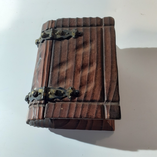 11 - Attractive wooden box designed as a book. Metal hinges and interesting detail