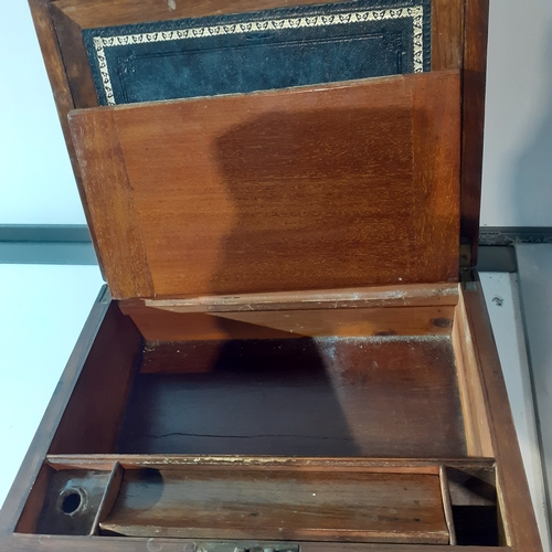 26 - Antique wooden writing slope with inkwell and internal compartments. Brass decorated corners. No key... 