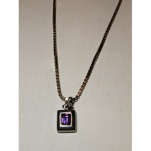 27A - Silver necklace set with beautiful square cut purple gemstone on heavy chain 11.00 grams