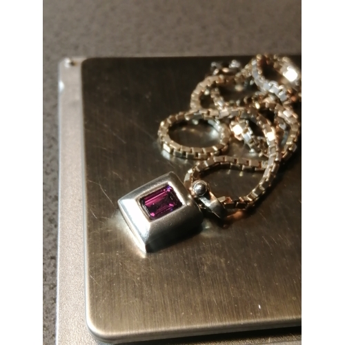 27A - Silver necklace set with beautiful square cut purple gemstone on heavy chain 11.00 grams