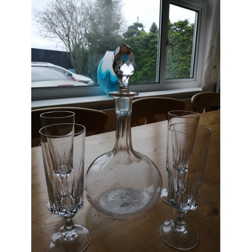 43A - Glass decanter and 4 champagne glasses