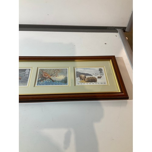 156 - Framed and glazed landscape large postage stamps depicting winter scenes  in nominations 18,24, 28,3... 