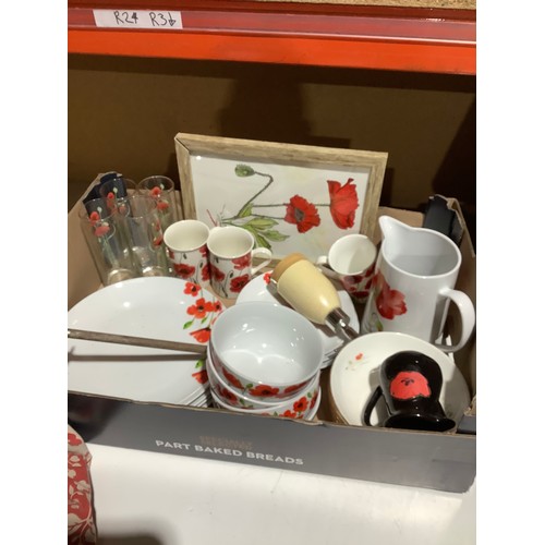 319 - Large mixed lot incl poppy design tableware, black coloured tableware, incontinence pads, jugs etc