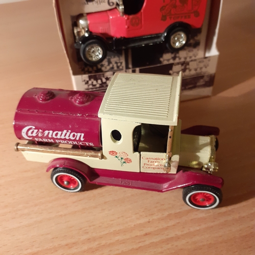 14 - Diecast x 2. Boxed as new Thorntons toffee chocolate kabin and carnation milk truck