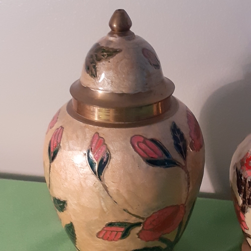 24 - 2 enamelled brass lidded urns and matching vase