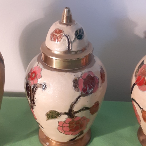 24 - 2 enamelled brass lidded urns and matching vase