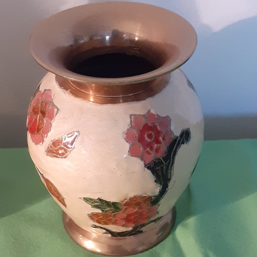 24 - 2 enamelled brass lidded urns and matching vase