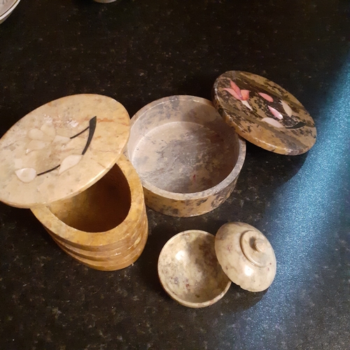 19 - 3 trinket boxes. 2 mother of pearl inlaid marble. All  lidded and no damage