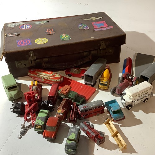 97 - Small leather case with selection of Dinky, Match box, Lleddo toy cars