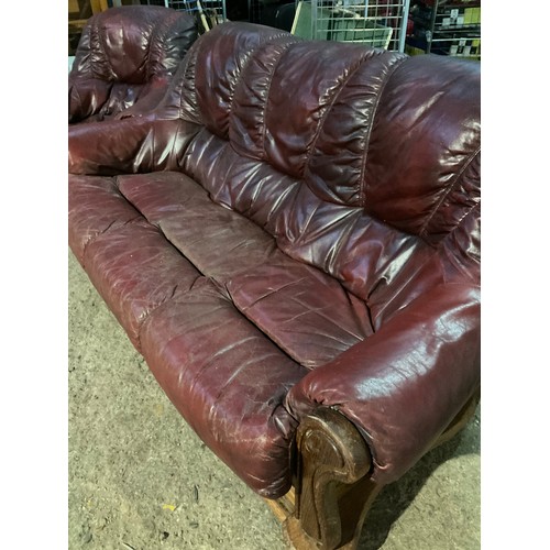 210 - 3 piece red leather suite with wooden frame