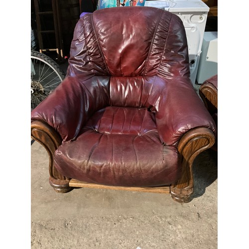 210 - 3 piece red leather suite with wooden frame