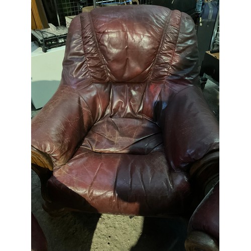 210 - 3 piece red leather suite with wooden frame