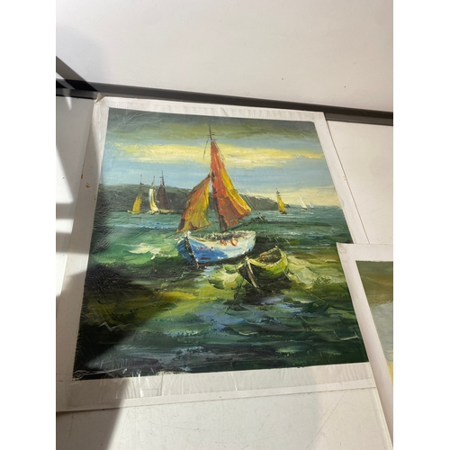 242A - Oil canvas paintings - 69x 58cm - depicting boats at sea - 2 similar style paintings