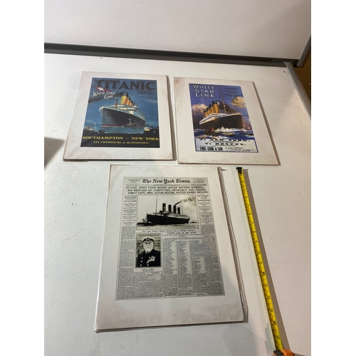 222A - 3x prints on card of White Star Line Titanic & titanic newspaper print - 40x30cm