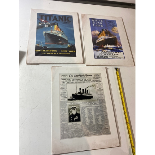 222A - 3x prints on card of White Star Line Titanic & titanic newspaper print - 40x30cm